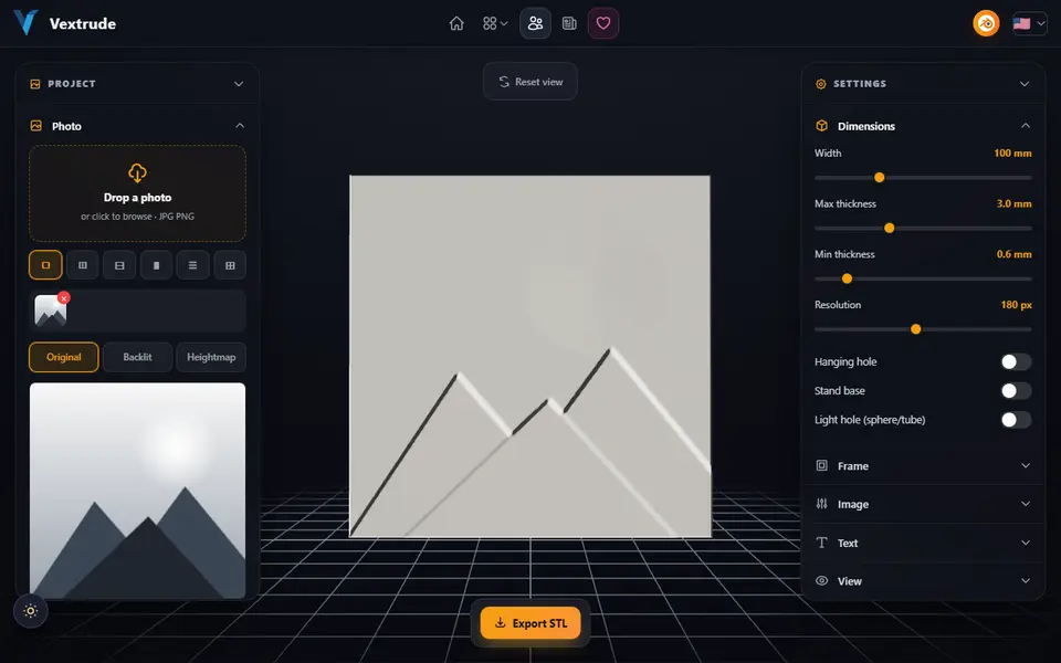Screenshot of Vextrude Lithophane Maker