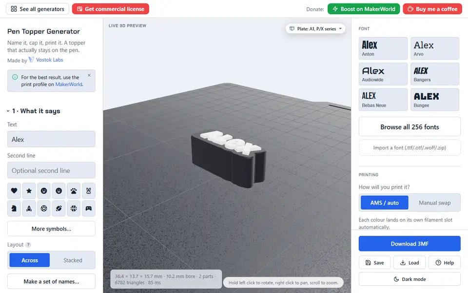 Screenshot of Pen Topper Generator (Vostok Labs)