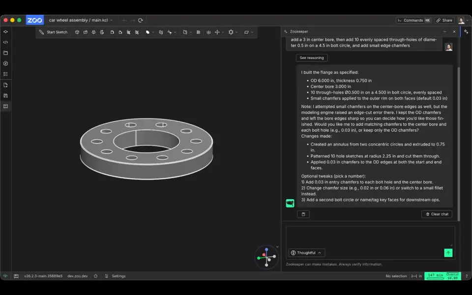 Screenshot of Zookeeper (Zoo Text-to-CAD)